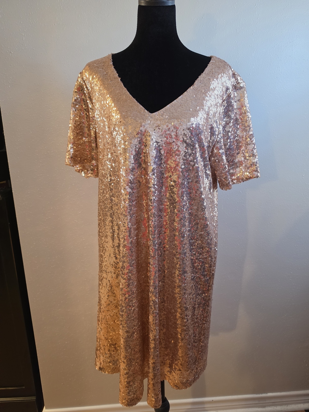 Rose Gold Sequin V-Neck Shift Dress